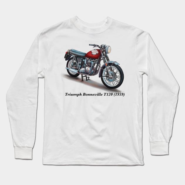 Drawing of Retro Classic Motorcycle Triumph Bonneville T120 1959 Long Sleeve T-Shirt by Roza@Artpage